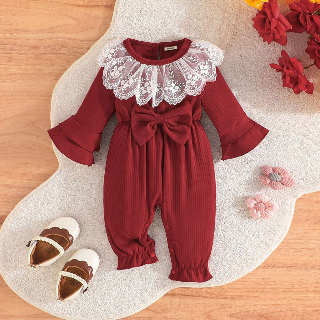 Girls Infant Maroon Lace Embroidered Full Sleeves Playsuit Jumpsuits Maroon 0-3 M 