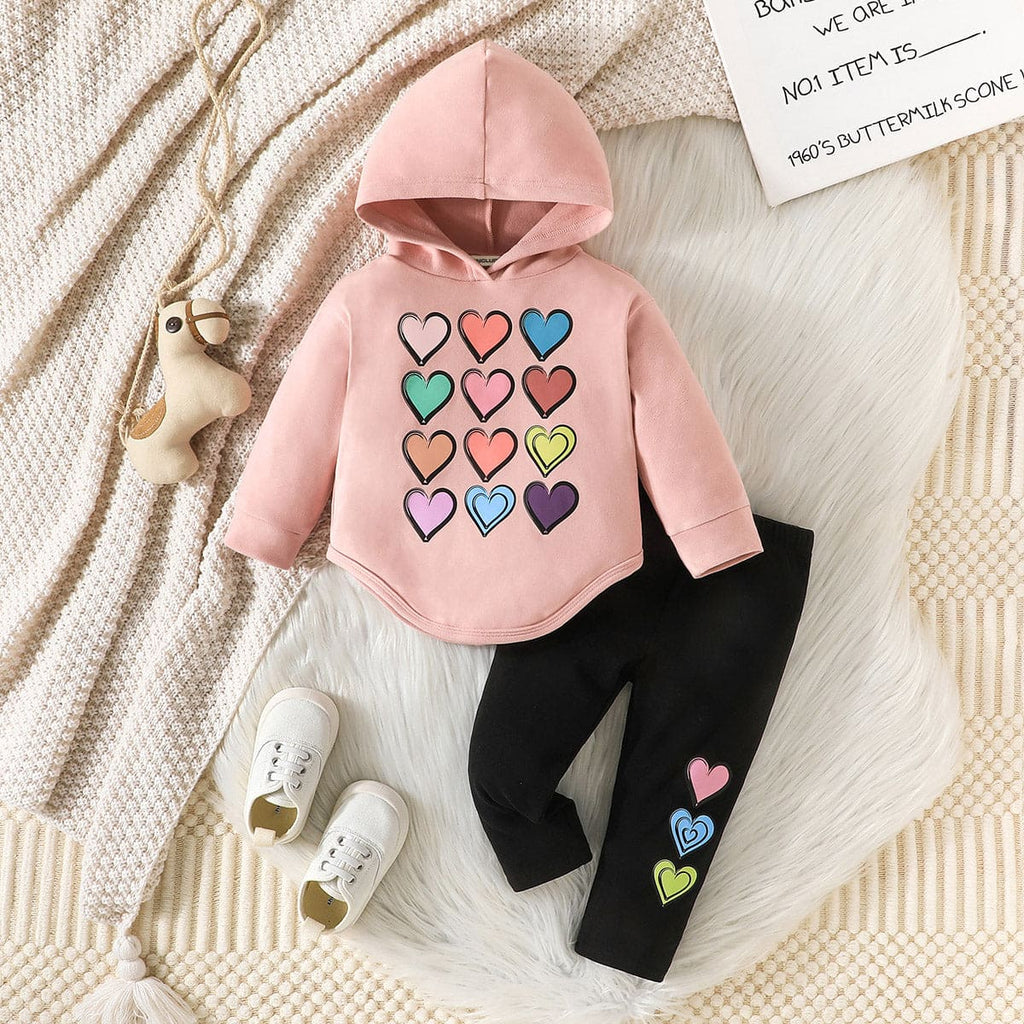 Girls Pink Heart Print Hooded Sweatshirt with Pants Set Sets Pink 6-9 M 