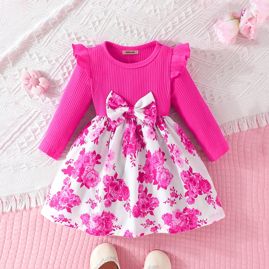 Girls Fuchsia Floral Printed Long Sleeve Dress With Bow Casual Dresses Fuchsia 3-6 M 