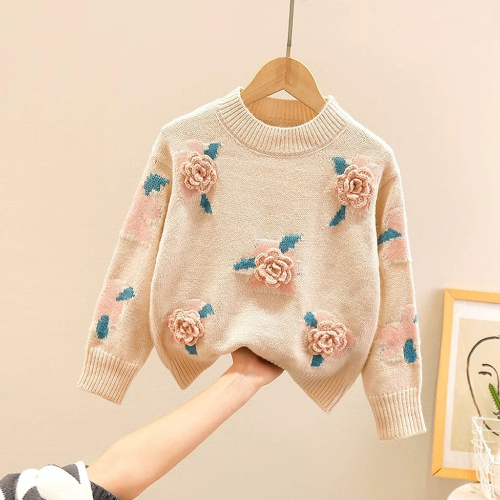 Girls Apricot Flower Embroidered Full Sleeves Sweater Sweaters & Cardigans Apricot 4-5 Y