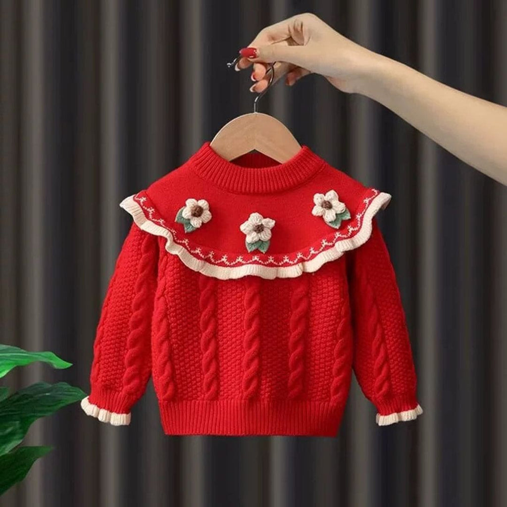 Girls Red Cable Knit Flower Applique Sweater Sweaters & Cardigans Red 2-3 Y