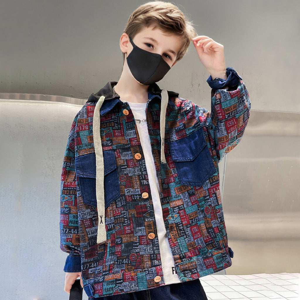 Boys Blue Printed Hooded Denim Jacket Coats & Jackets Blue 5-6 Y