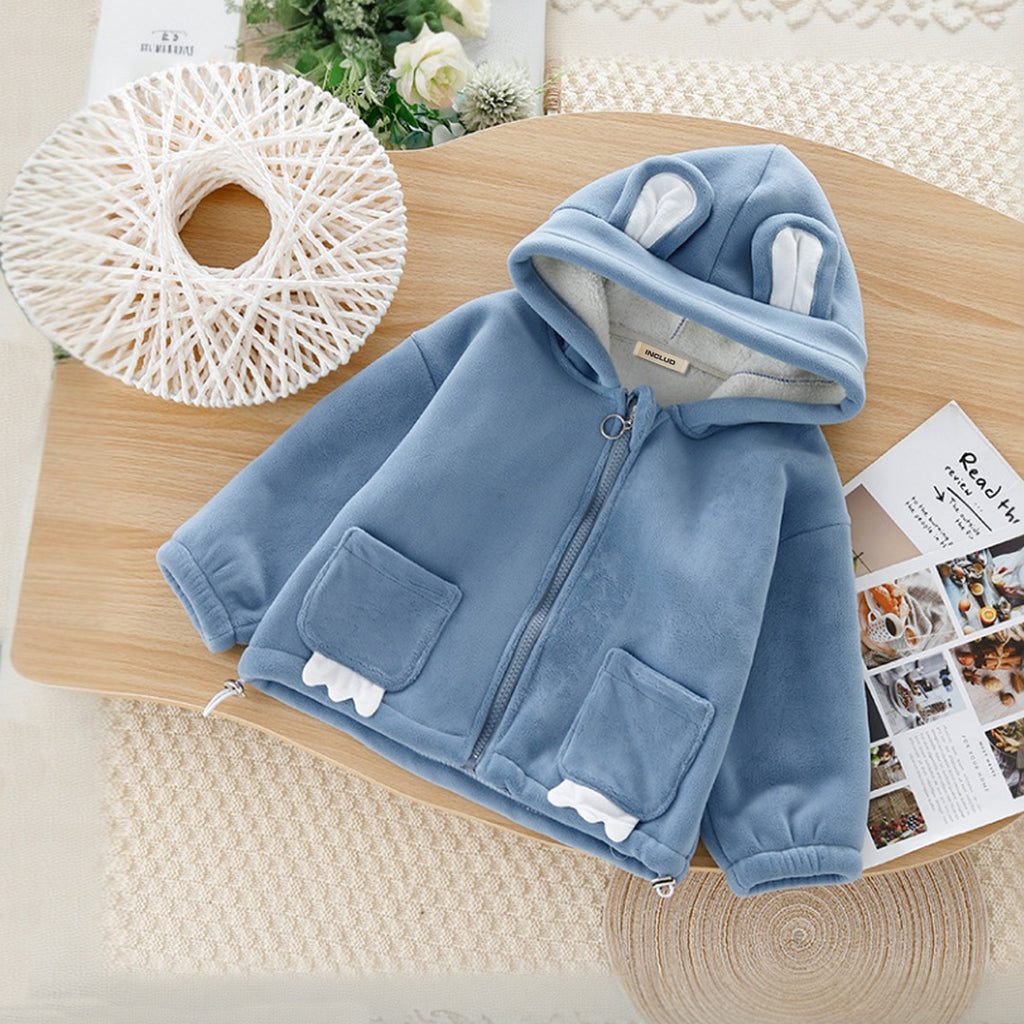 Girls Blue Ear Hooded Full Sleeves Jacket Coats & Jackets Blue 1-2 Y