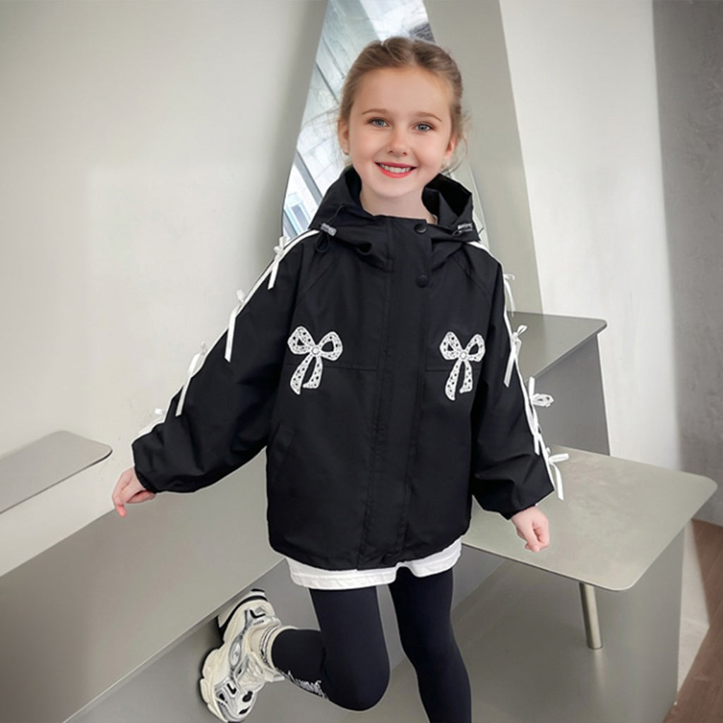 Girls Black Bow Print Hooded WinterwearJacket Coats & Jackets Black 2-3 Y