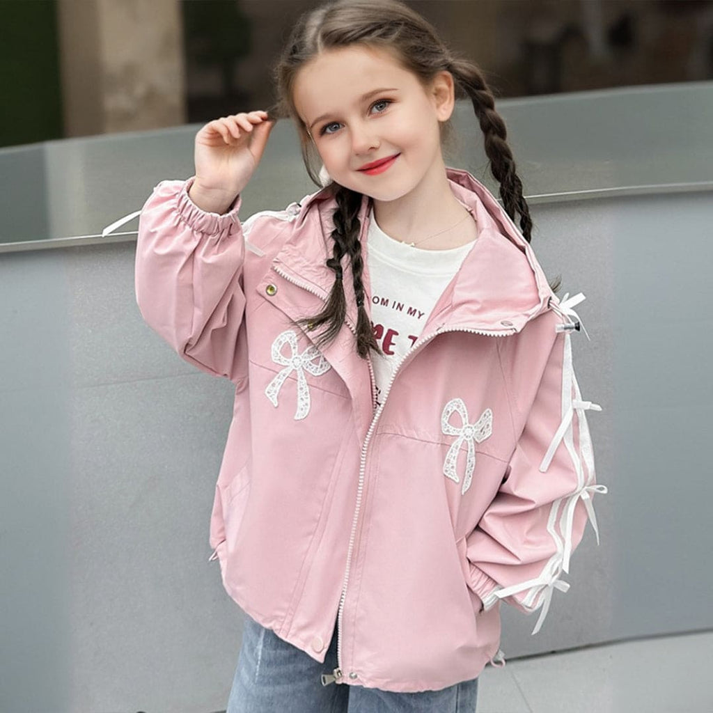 Girls Pink Bow Printed Hooded Jacket Coats & Jackets Pink 2-3 Y