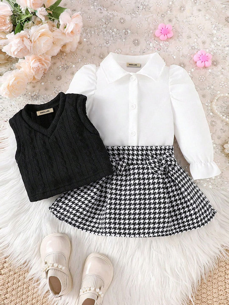 Girls Black Houndstooth Skirt with Puff Sleeves Shirt & Half Sleeves Sweater Sets Black 6-9 M 