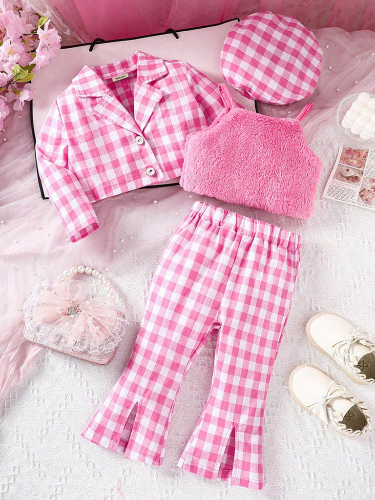 Girls Pink Checkered Print Lapel Collar Shirt with Fur Top & Flared Pants Sets Sets Pink 6-9 M 