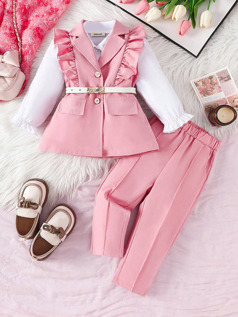 Girls Pink Frilled Sleeveless Blazer with Shirt & Pants Set Sets Pink 6-12 M 