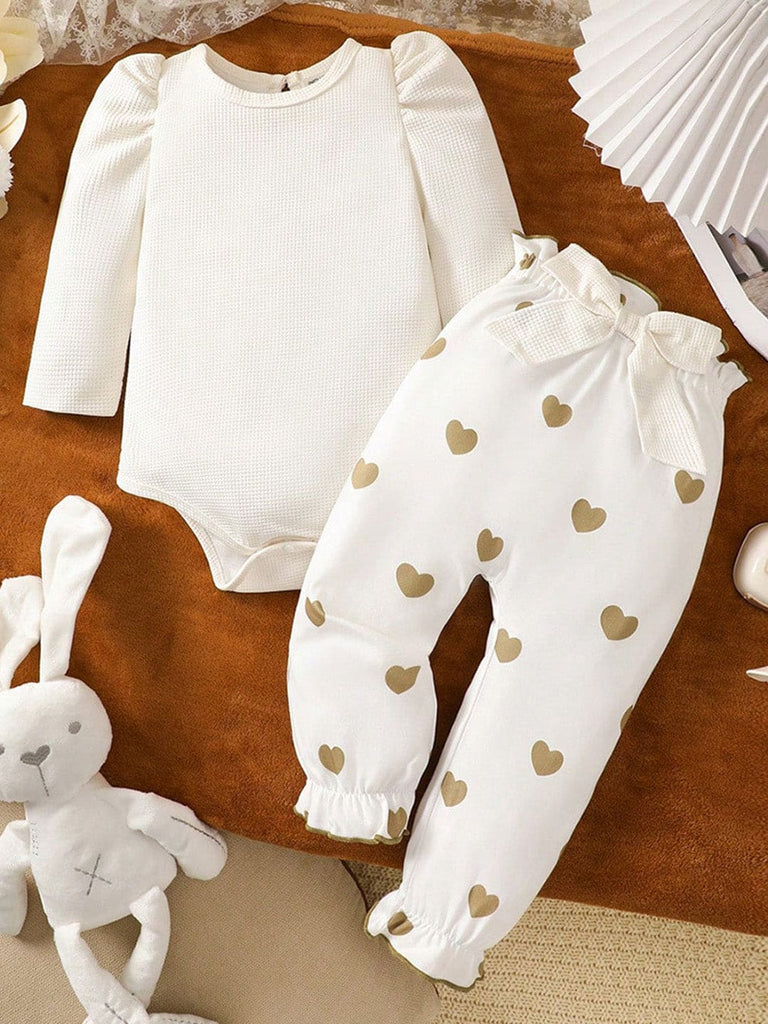 Girls White Knitted Bodysuit with Heart Print Trouser Set Sets White 6-9 M 