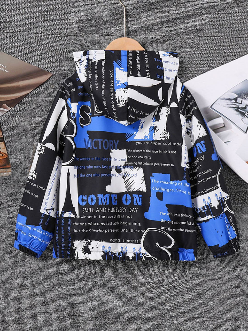 Boys Black Overall Printed Full Sleeves Hooded Jackets Coats & Jackets   