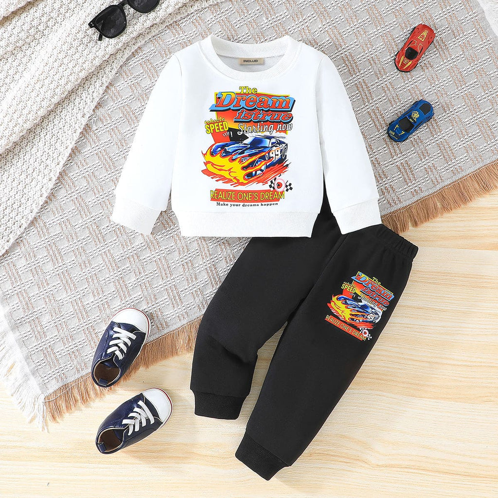 Boys White Graphic Print Full Sleeves Sweatshirt with Pants Set Sets White 6-9 M 