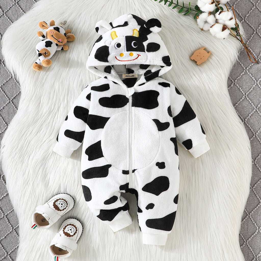 Boys White Cow Print Hooded Plush Onesie Jumpsuits White 0-3 M 