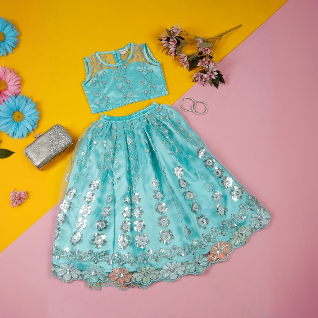 Girls Blue Embellished Lehenga with Choli Set Sets Blue 1-2 Y