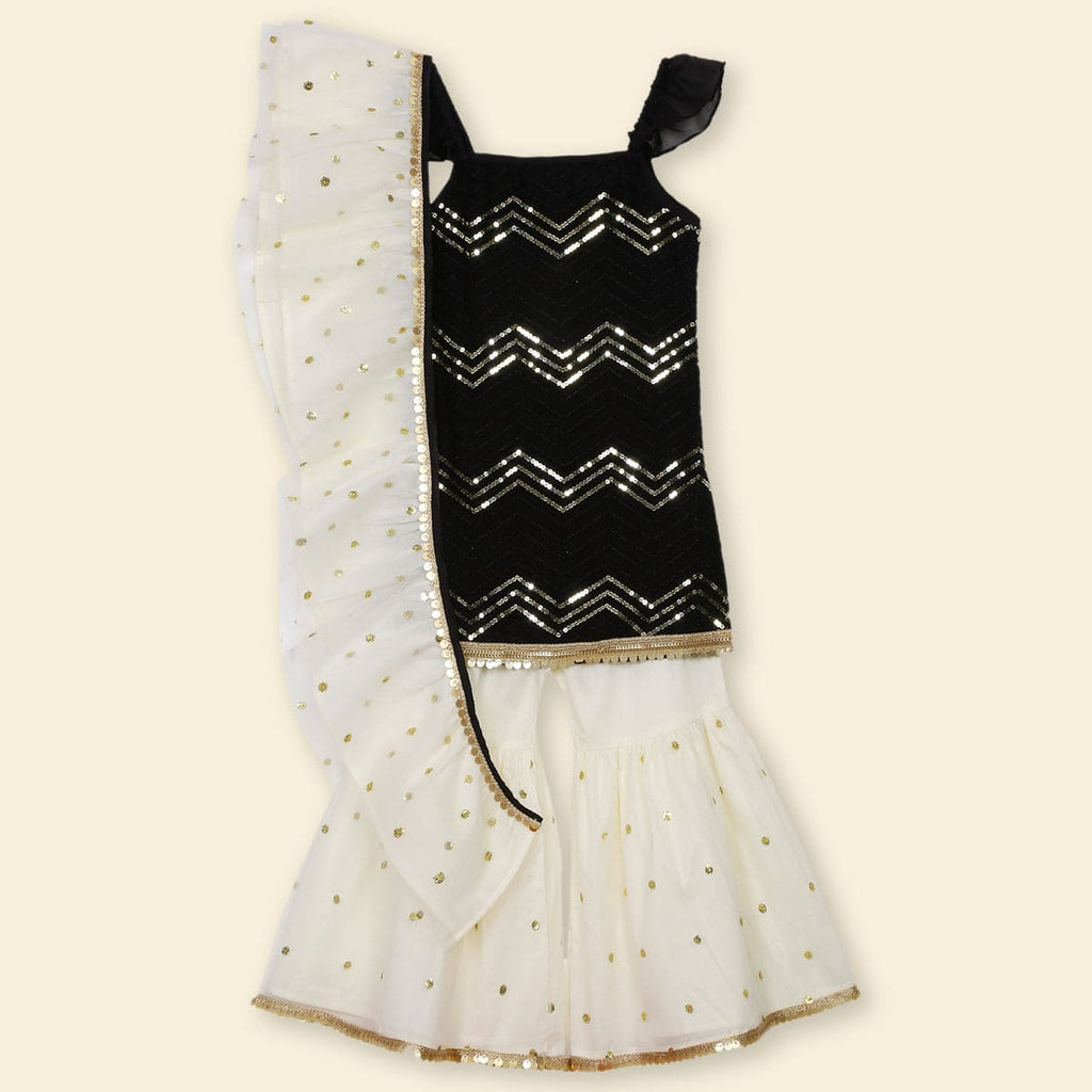 Girls Black Sequins Embellished kurta with Sharara & Dupatta Set Sets Black 6-12 M