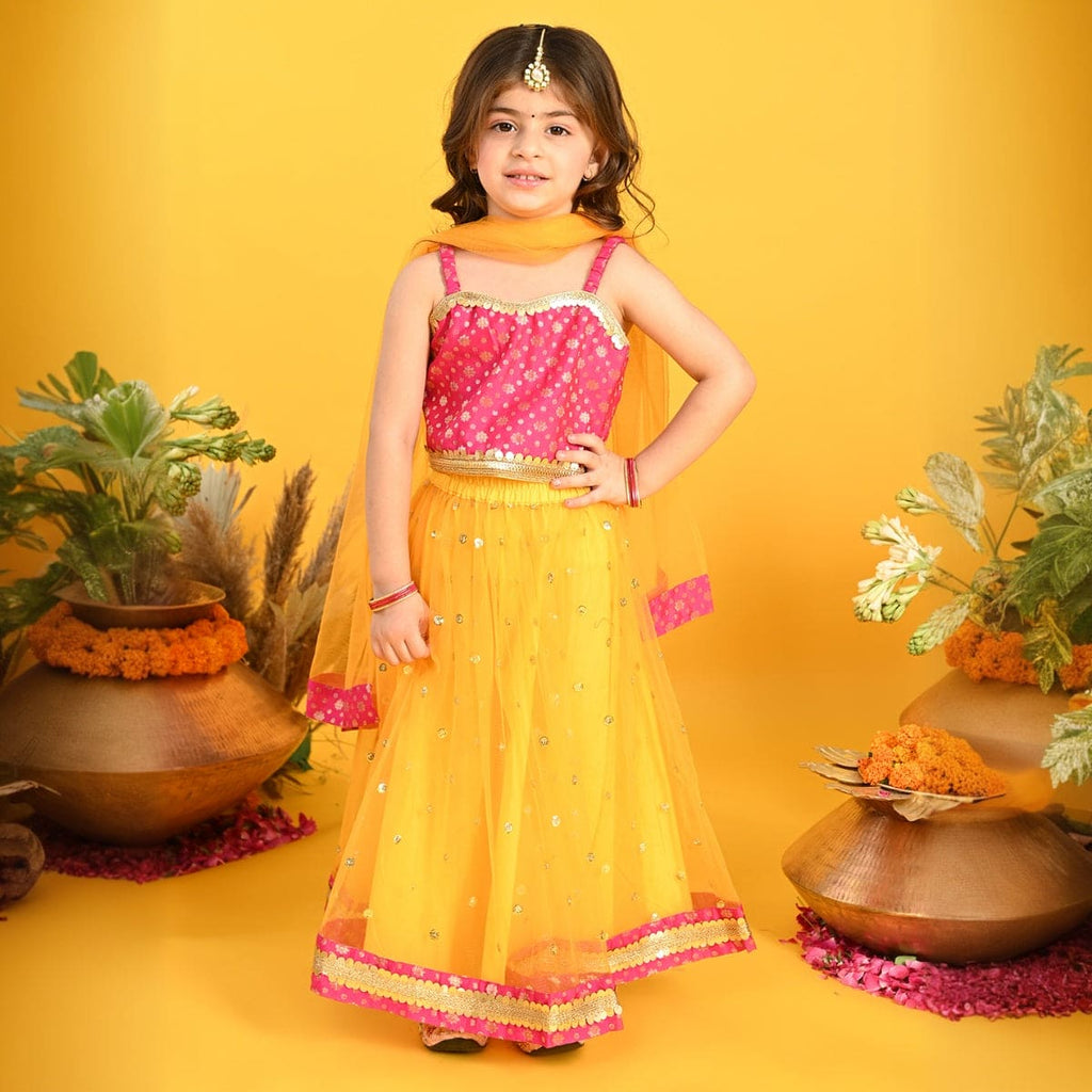 Girls Yellow Embellished Lehenga with Choli & Dupatta Set Sets Yellow 6-12 M