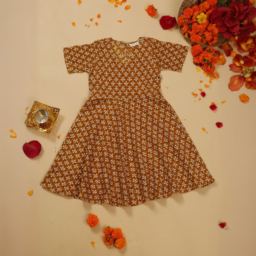 Girls Brown Abstract Printed Fit & Flare Dress Casual Dresses Brown 6-7 Y