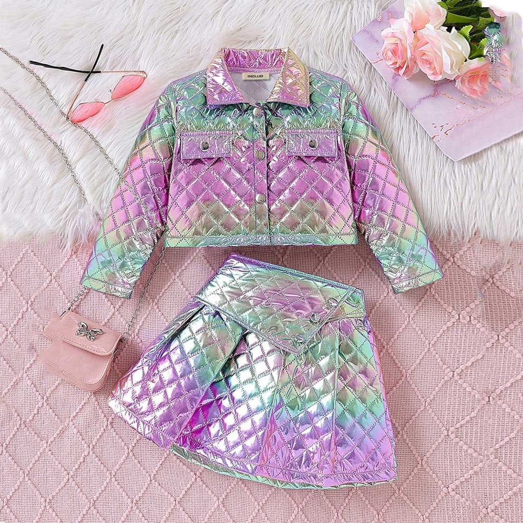 Girls Purple Long Sleeve PU Jacket With Skirt Set Sets Purple 4-5 Y 