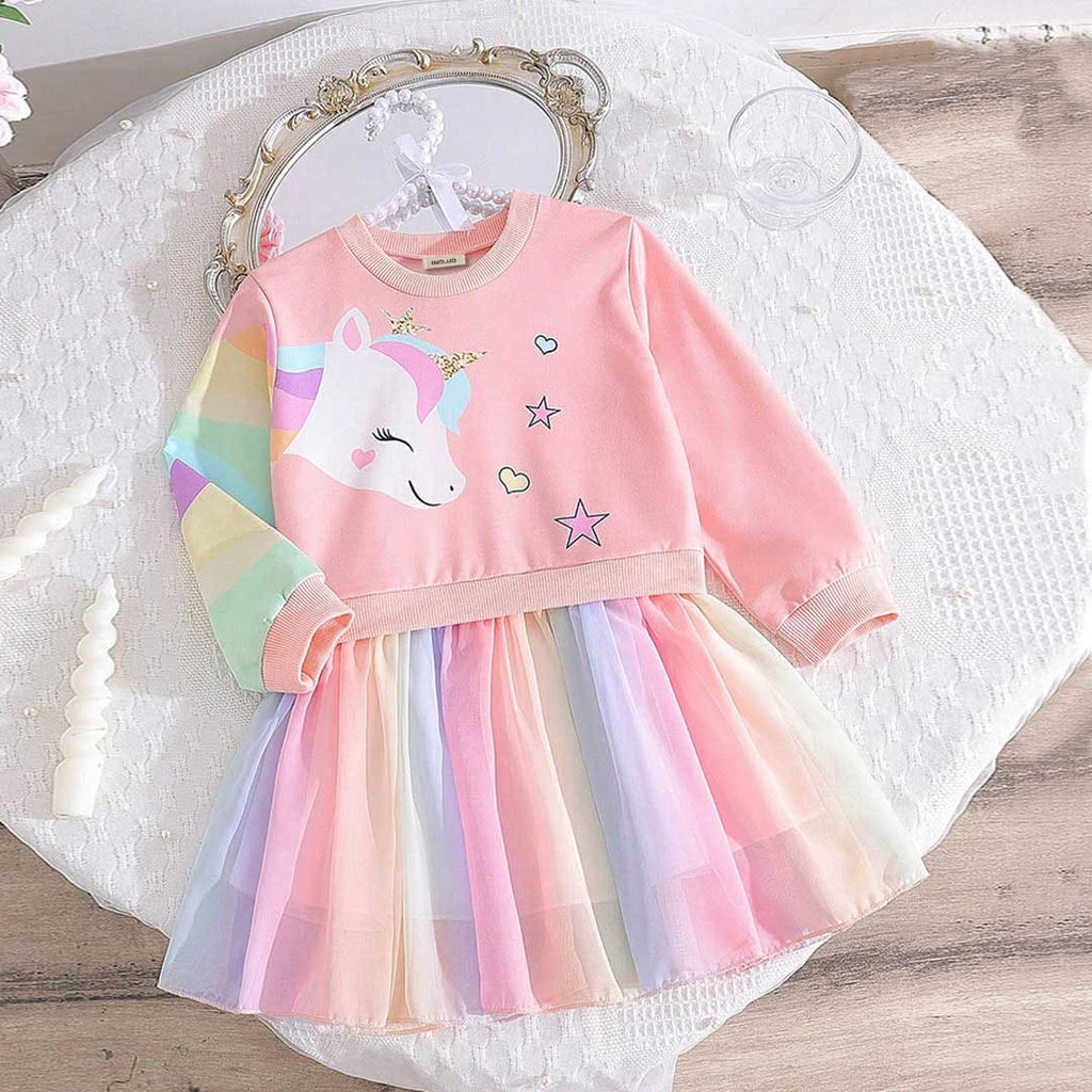 Girls Pink Unicorn Printed Fit & Flare Dress Casual Dresses Pink 4-5 Y 