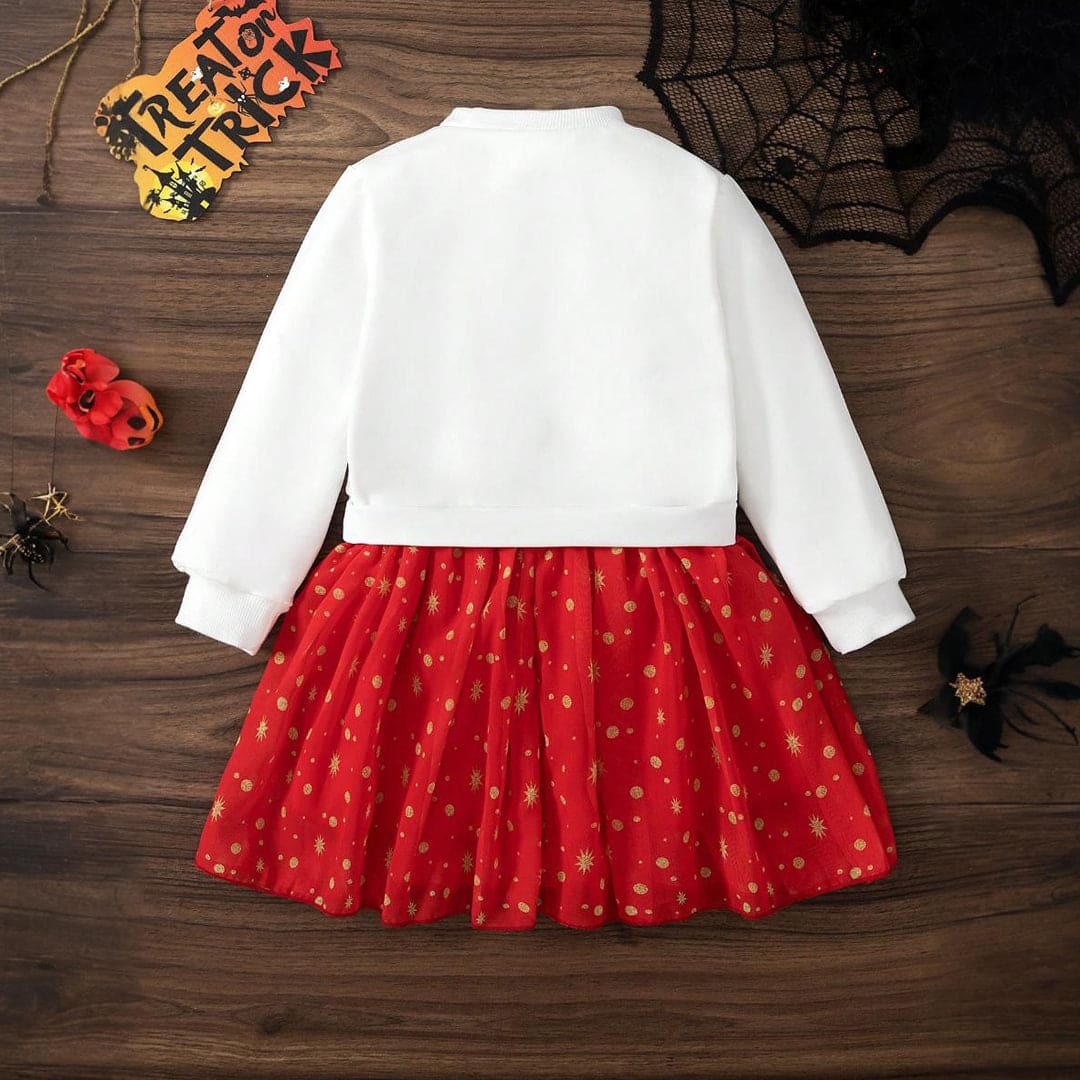 Girls White Long Sleeve Graphic Print Fit & Flare Dress Casual Dresses   