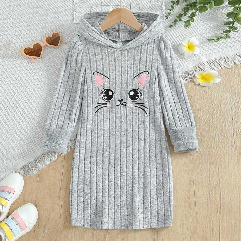 Girls Grey Long Sleeve Hooded Cat Print Dress