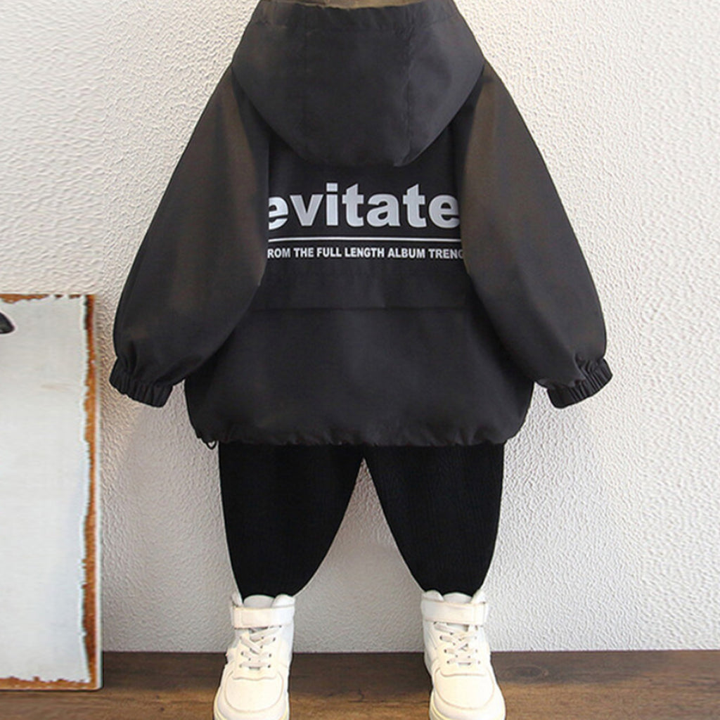Boys Black Printed Hooded Bomber Front Open Jacket Coats & Jackets