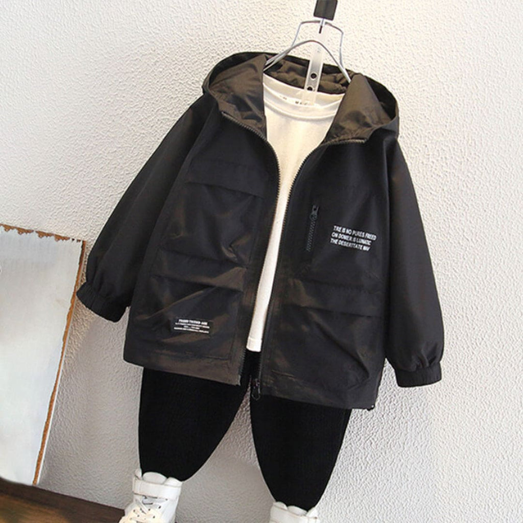 Boys Black Printed Hooded Bomber Front Open Jacket Coats & Jackets