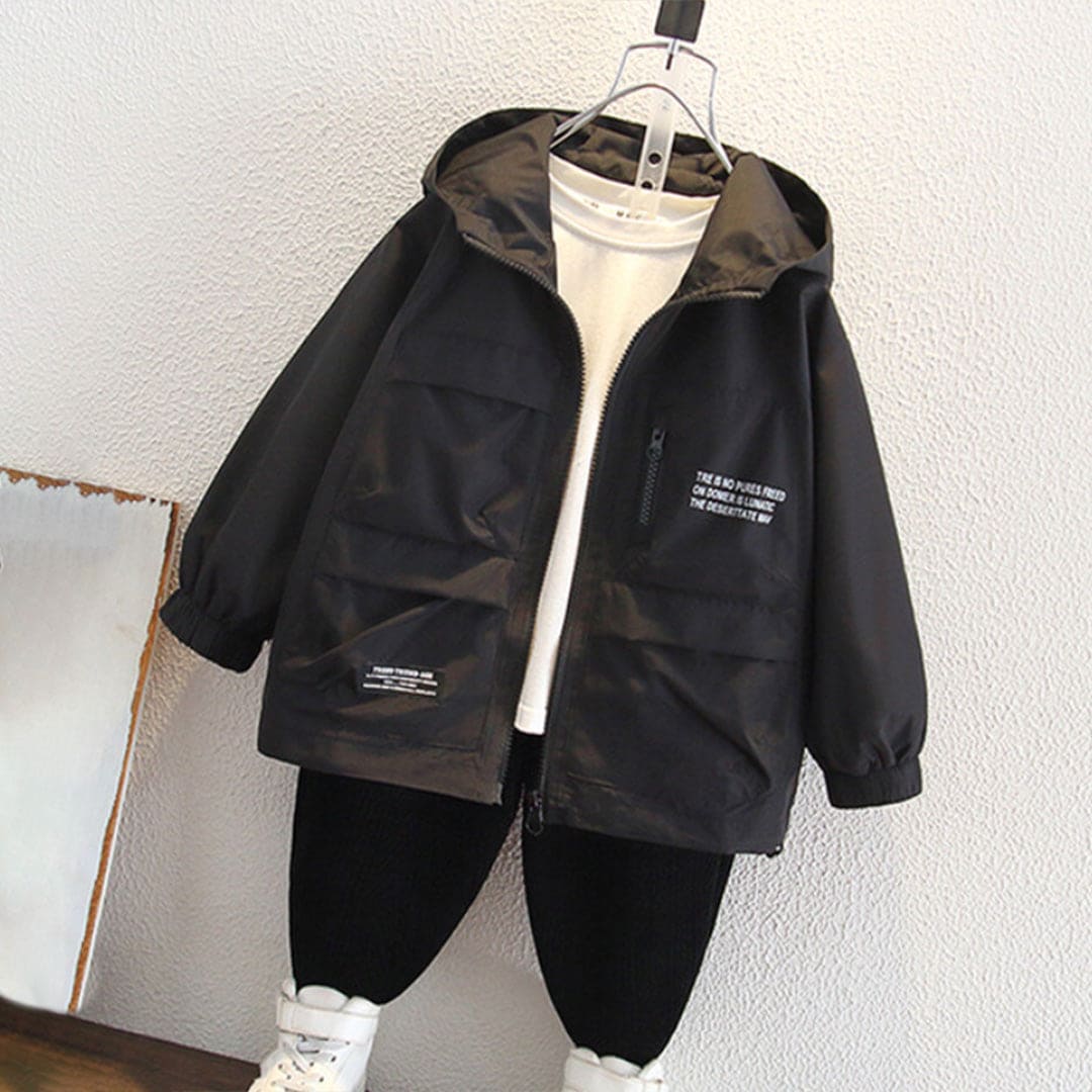 Boys Black Printed Hooded Bomber Front Open Jacket Coats & Jackets