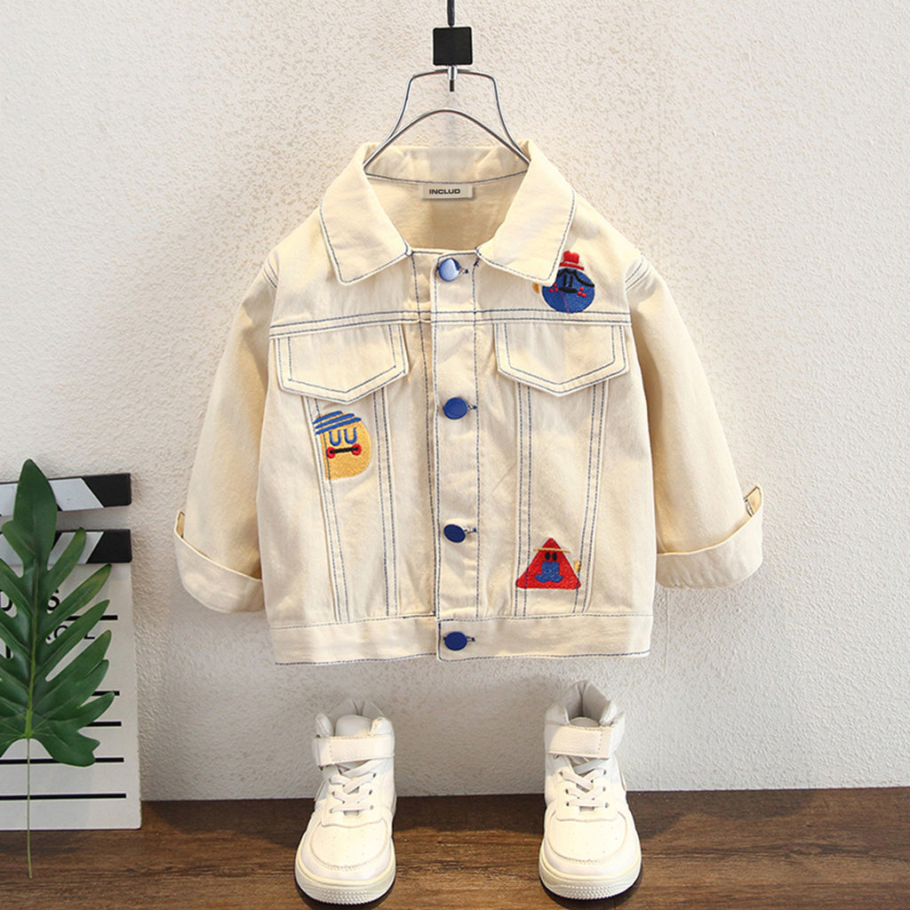 Boys White Solid Full Sleeves Denim Jacket