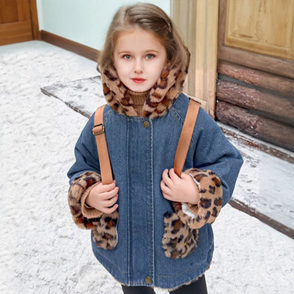 Girls Blue Denim Jackets With Animal Print Hood & Cuff Coats & Jackets Blue 1-2 Y