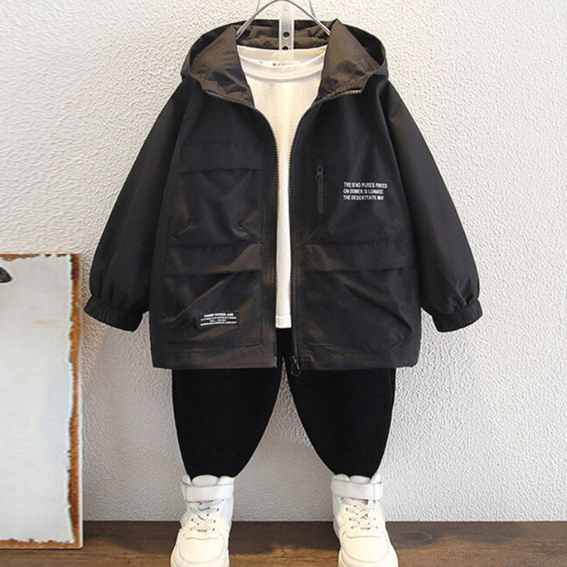 Boys Black Printed Hooded Bomber Front Open Jacket Coats & Jackets Black 1-2 Y