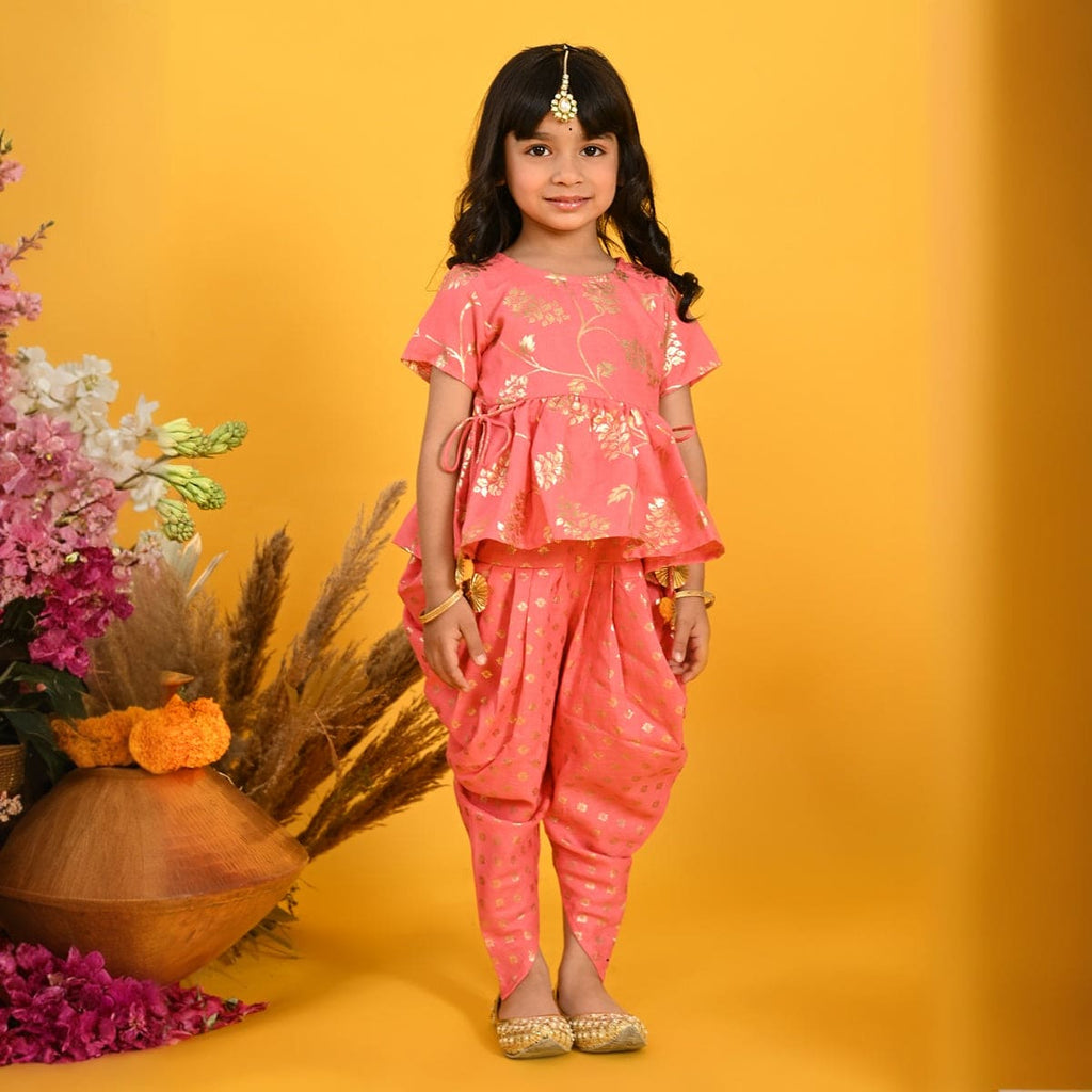 Girls Peach Foil Printed Kurti with Dhoti Pants Set Sets Peach 6-12 M