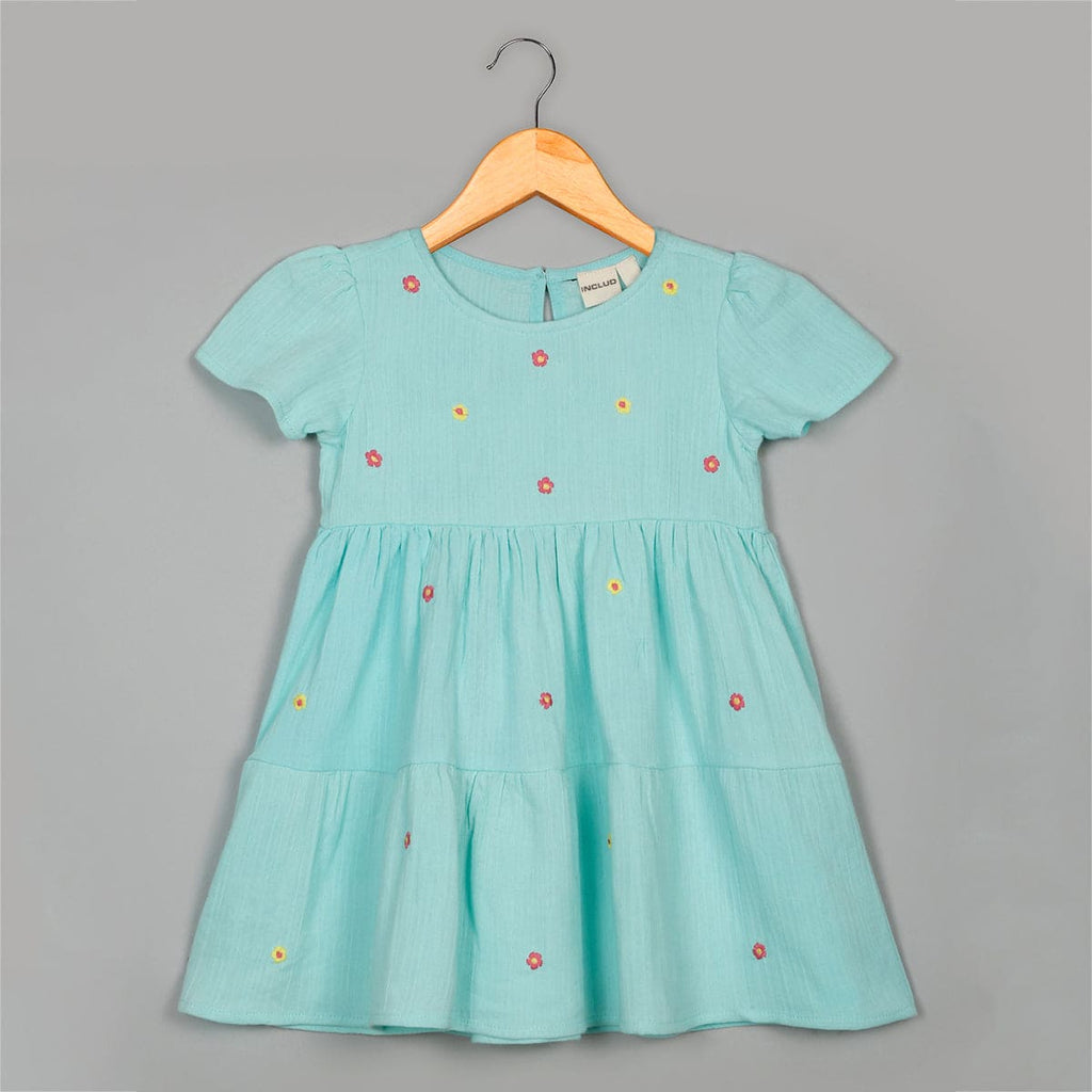 Girls Blue Flower Embroidered Short Sleeves Casual Dress Casual Dresses Blue 2-3 Y