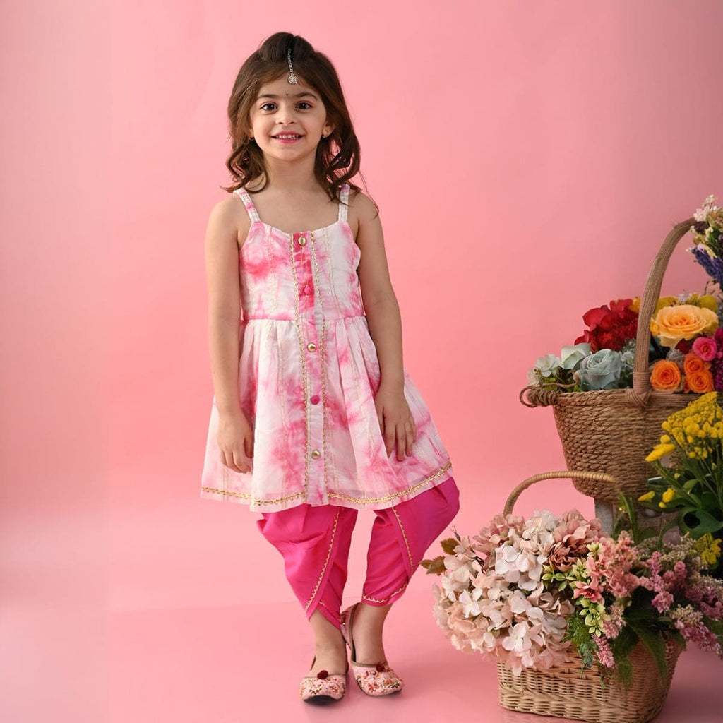 Girls Pink Tie & Dye Print Fit & Flared Kurti with Dhoti Pants Set Sets Pink 1-2 Y