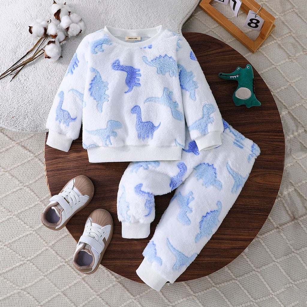 Boys White Dinosaur Printed Long Sleeve Sweatshirt With Pants Set Sets White 6-9 M 