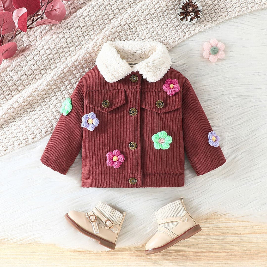 Girls Brown Flower Applique Fur Lined Long Sleeve Jackets Coats & Jackets Brown 6-9 M 