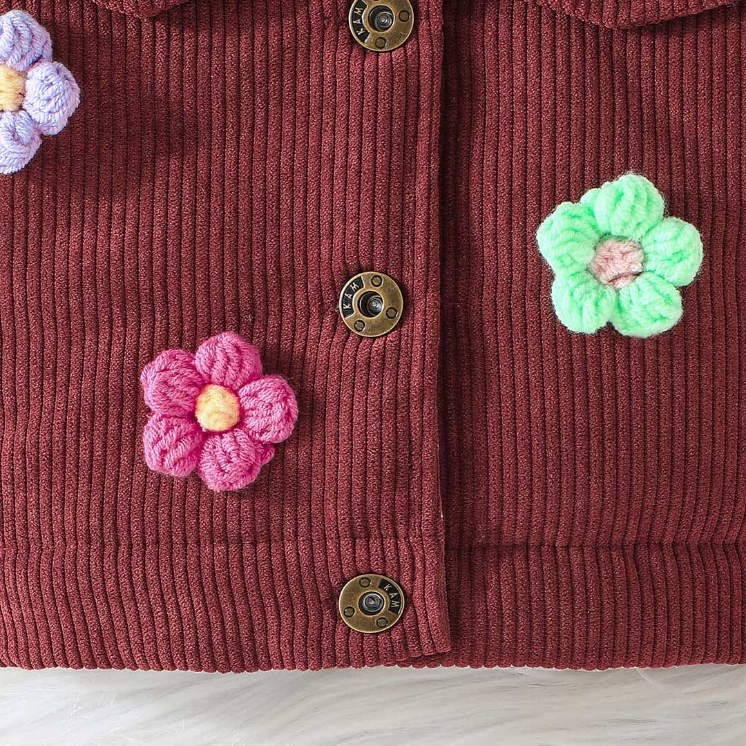 Girls Brown Flower Applique Fur Lined Long Sleeve Jackets Coats & Jackets   