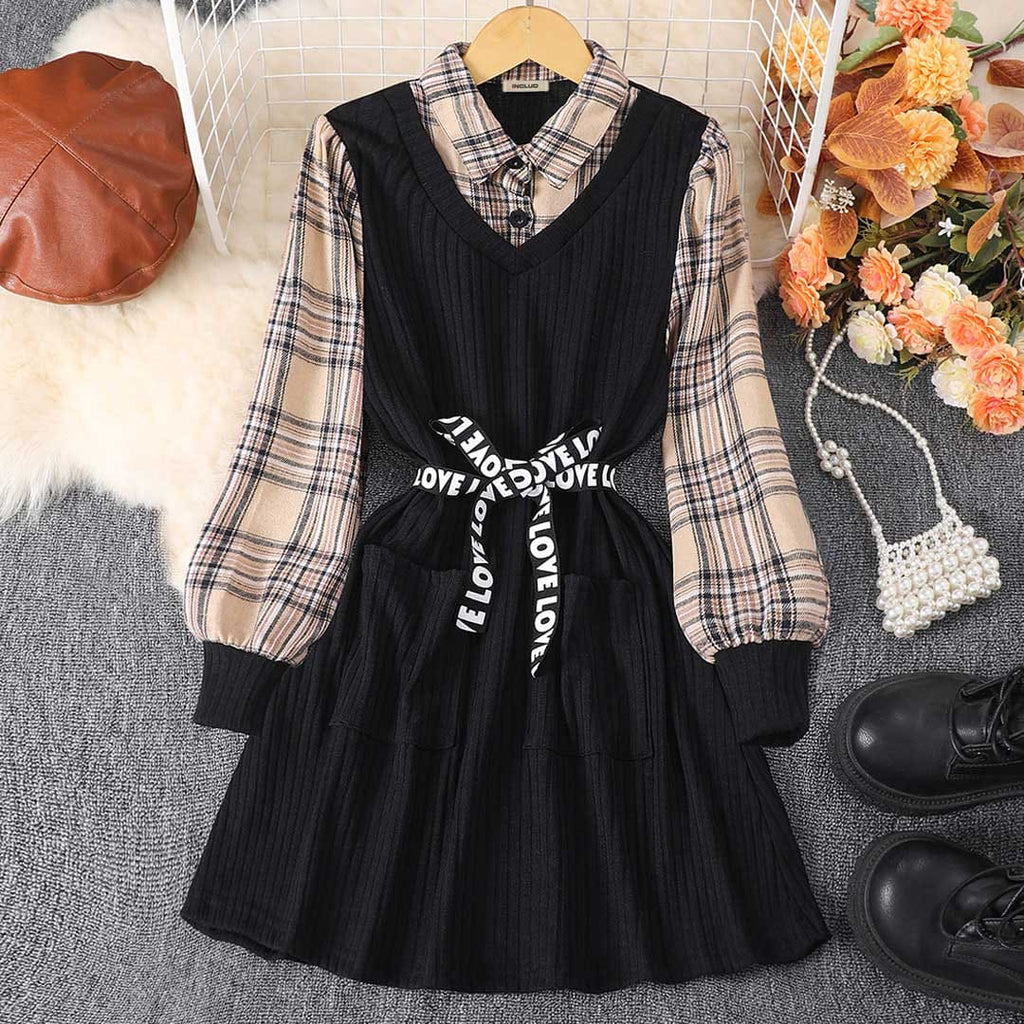 Girls Black Checkered Full Sleeves Fit & Flare Dress