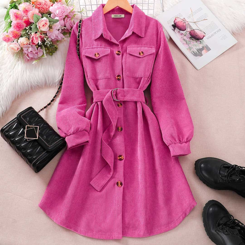 Girls Pink Full Sleeves Corduroy Fit & Flare Shirt Dress Casual Dresses Pink 8-9 Y 