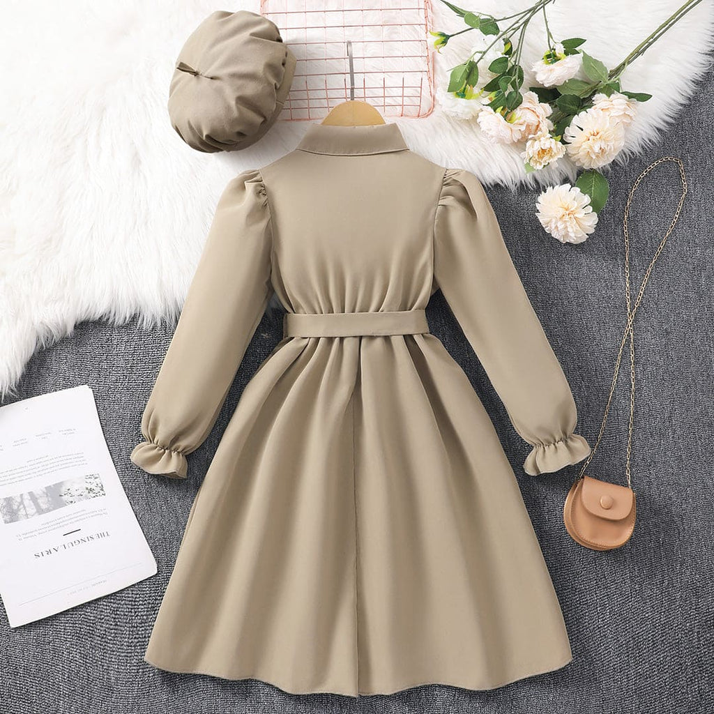 Girls Khaki Puff Sleeves Fit & Flare Shirt Dress