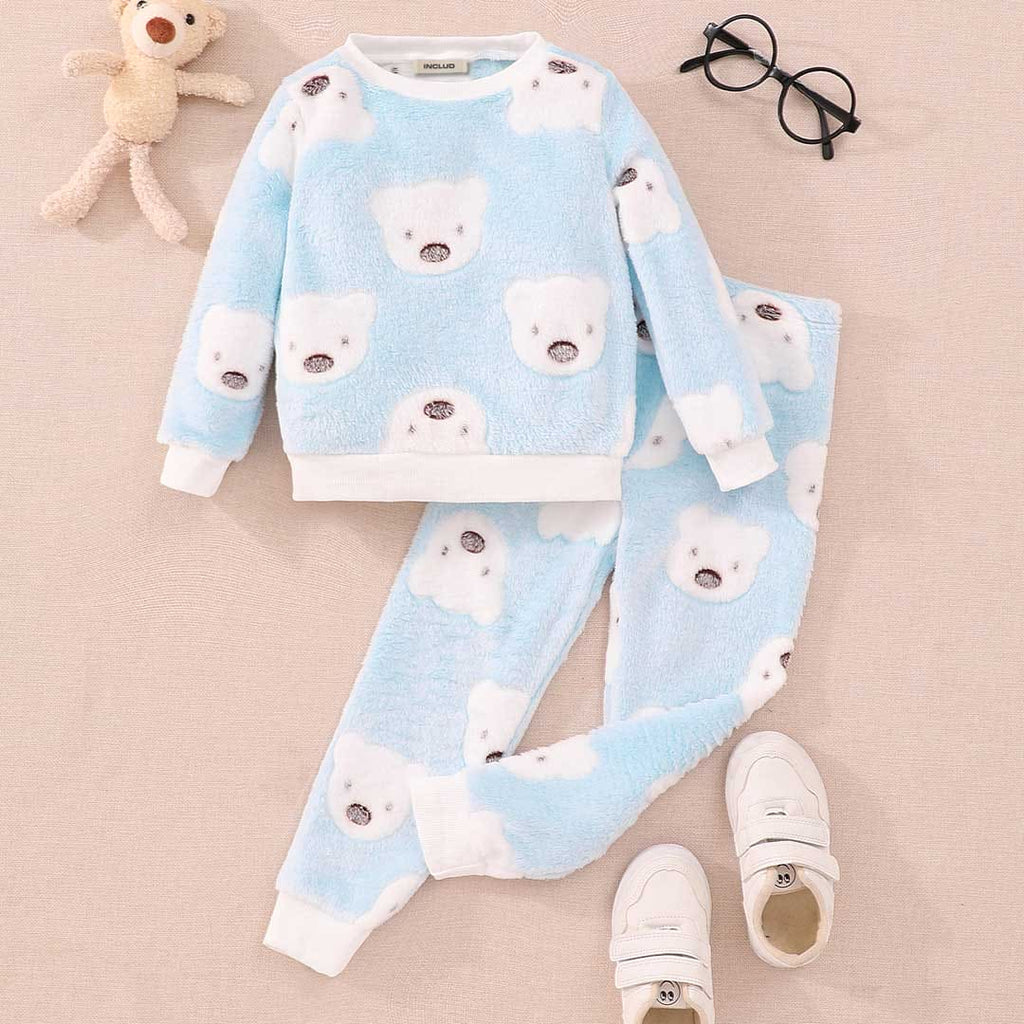 Girls Blue Bear Printed Fleece Sweatshirt with Trouser Set Sets Blue 3-4 Y 