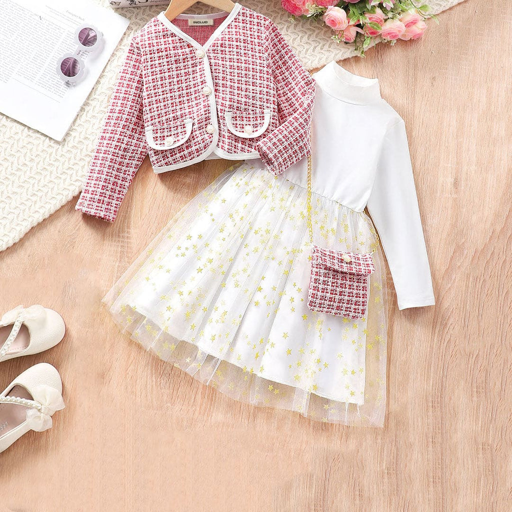 Girls White Fit & Flare Party Dress with Printed Jacket