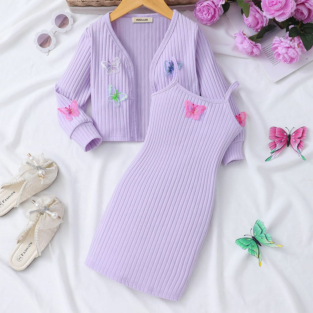 Girls Purple Butterfly Applique Bodycon Dress with Shrug