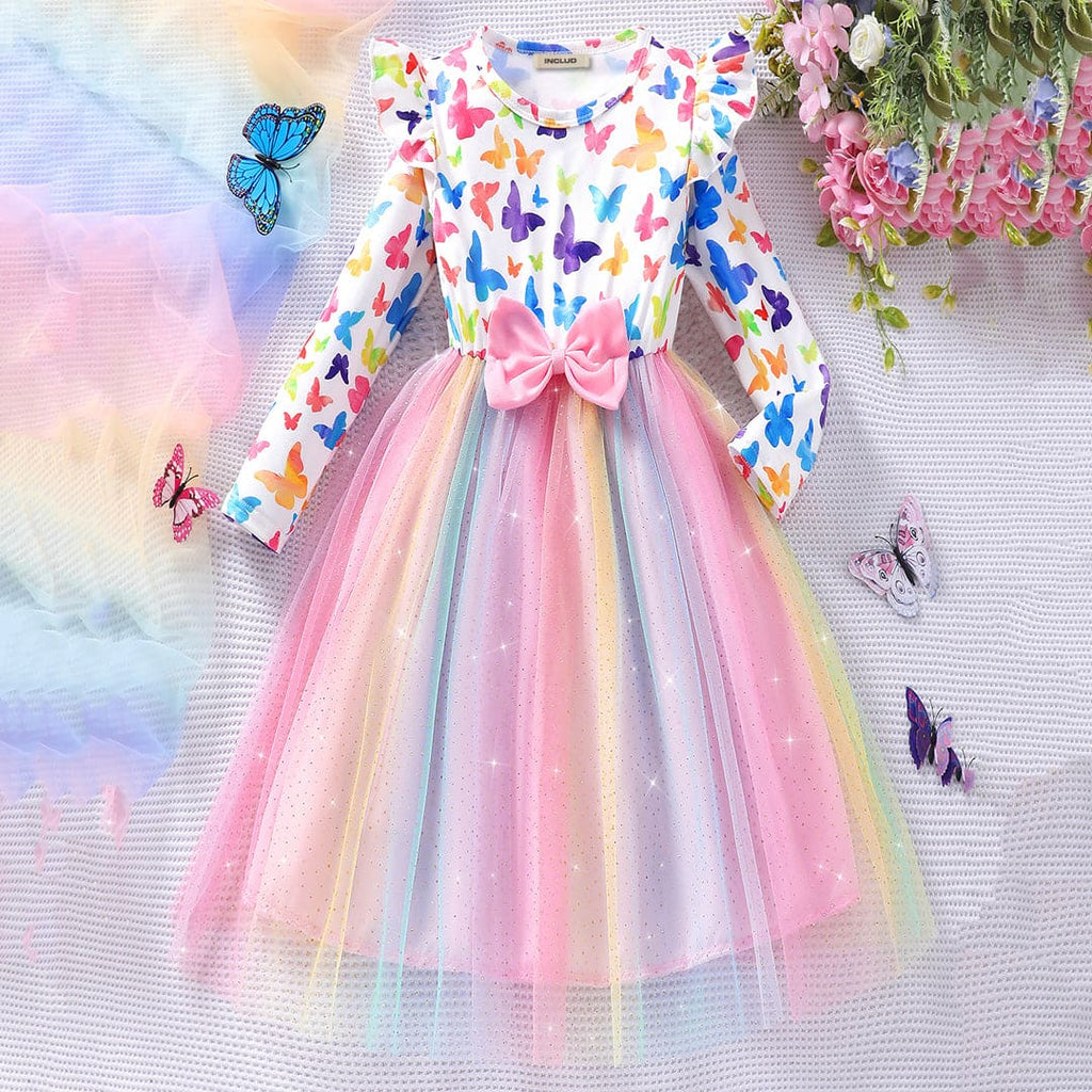 Girls Pink Butterfly Print Full Sleeves Party Wear Dress Party Dresses Pink 3-4 Y 