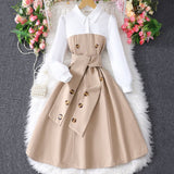 Girls Khaki Fit & Flare Puff Sleeves Shirt Dress