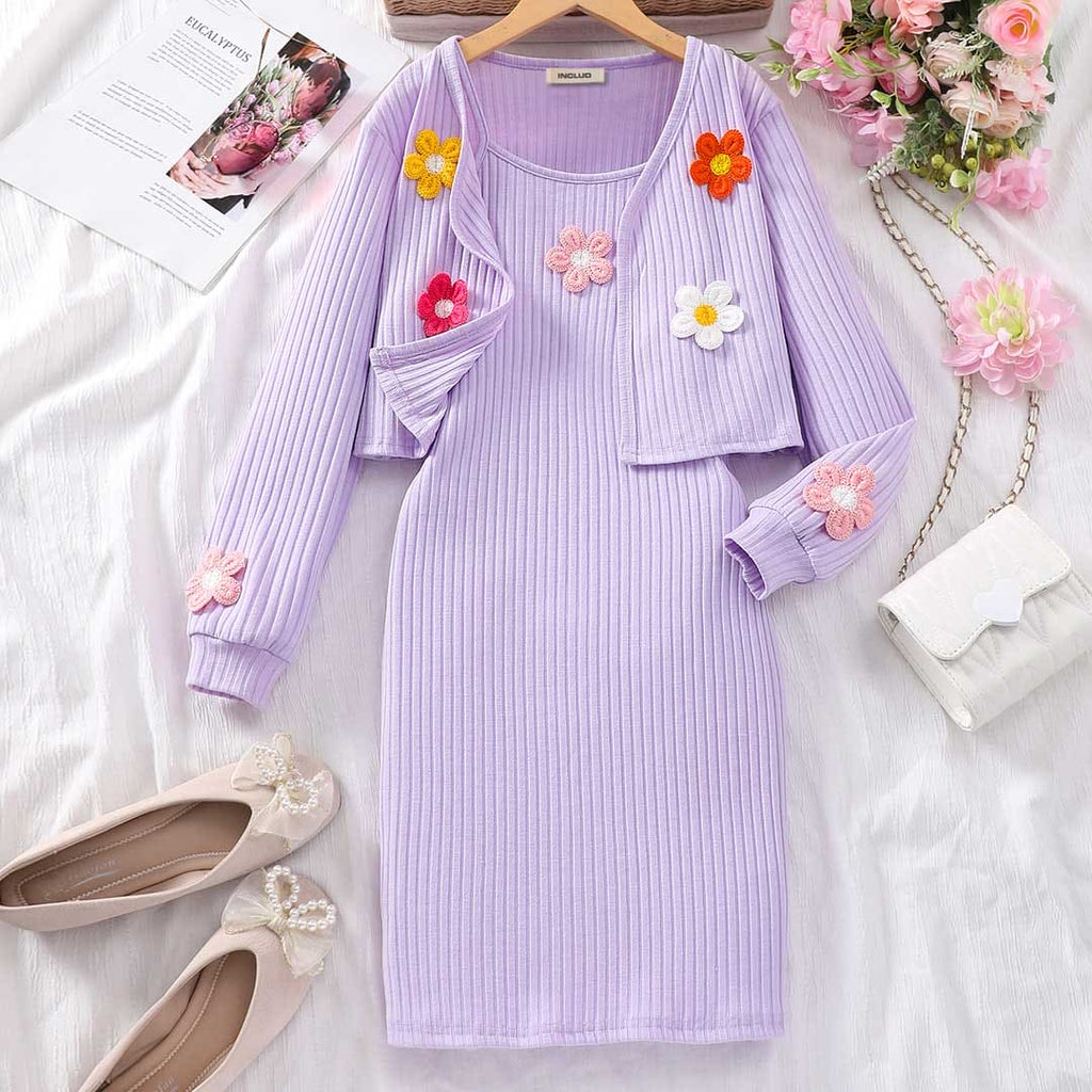 Girls Purple Flower Patchwork Strappy Dress with Shrug Casual Dresses Purple 8-9 Y 