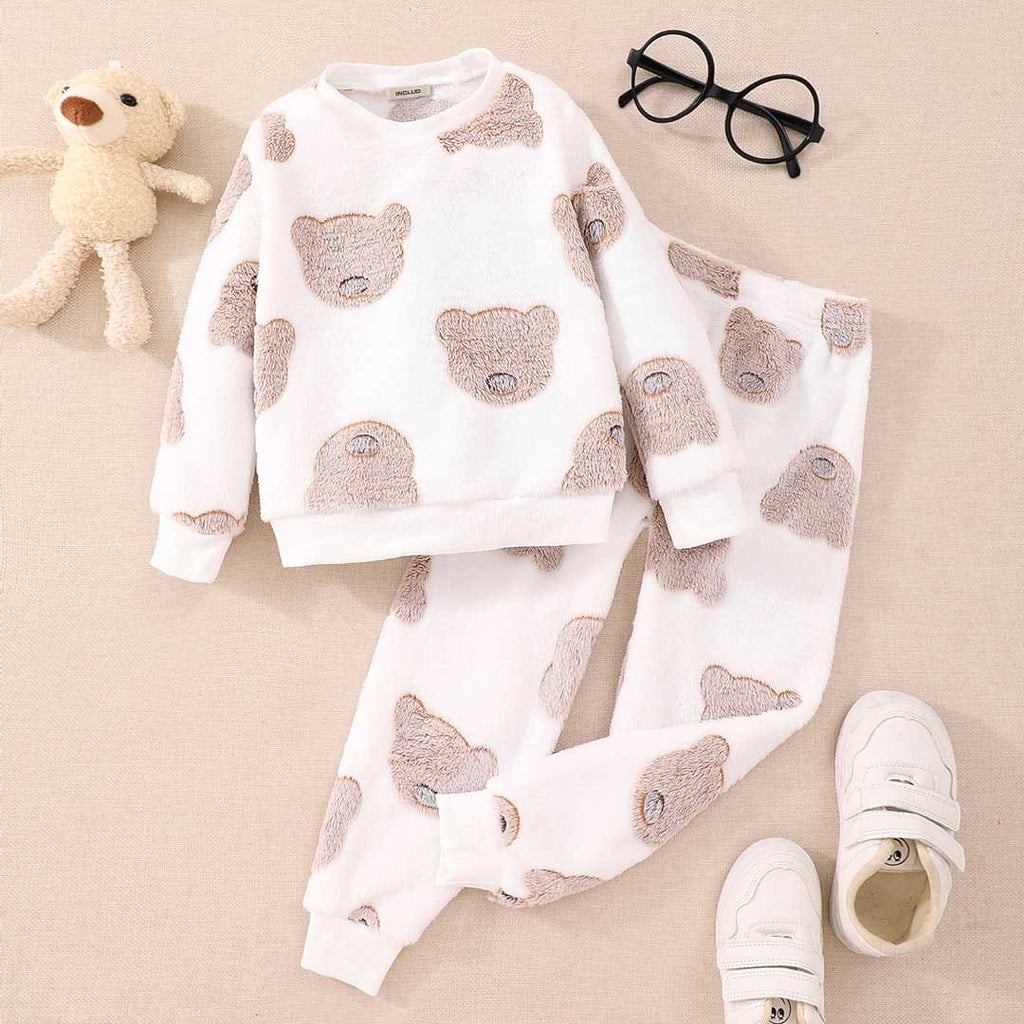 Girls White Bear Printed Fleece Sweatshirt with Trouser Set Sets White 3-4 Y 