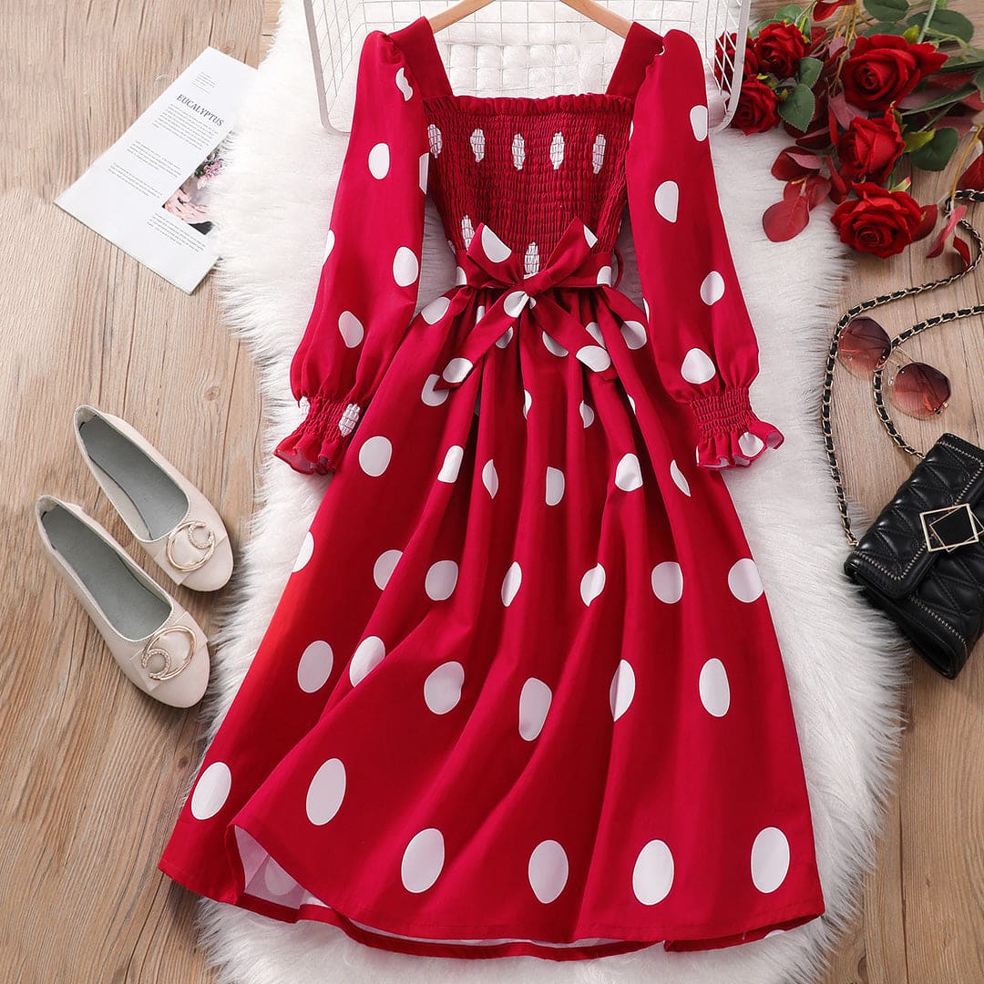 Girls Maroon Polka Dot Print Fit & Flare Ankle Length Smocked Dress Casual Dresses   