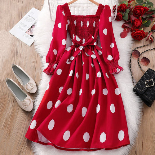 Girls Maroon Polka Dot Print Fit & Flare Ankle Length Smocked Dress Casual Dresses   