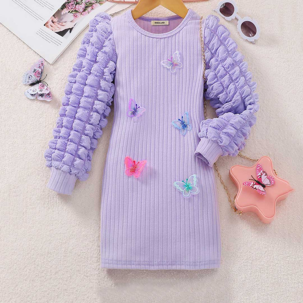 Girls Purple Butterfly Puff Sleeves Bodycon Dress