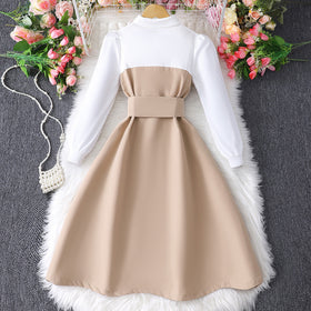 Girls Khaki Fit & Flare Puff Sleeves Shirt Dress Casual Dresses   